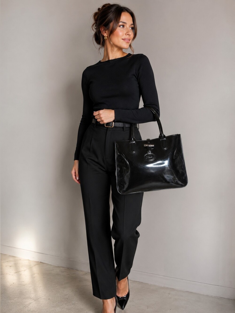 LONGCHAMP Roseau Patent Leather Tote Bag EUC